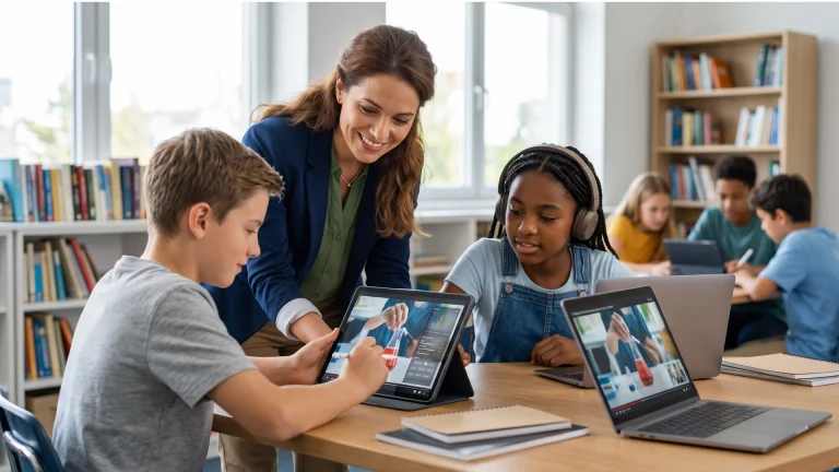 A smiling female teacher guiding diverse elementary school students. The students are actively engaging with best video tools for teaching on a tablet and laptops, using stylus pens and headphones in a bright, focused learning environment.