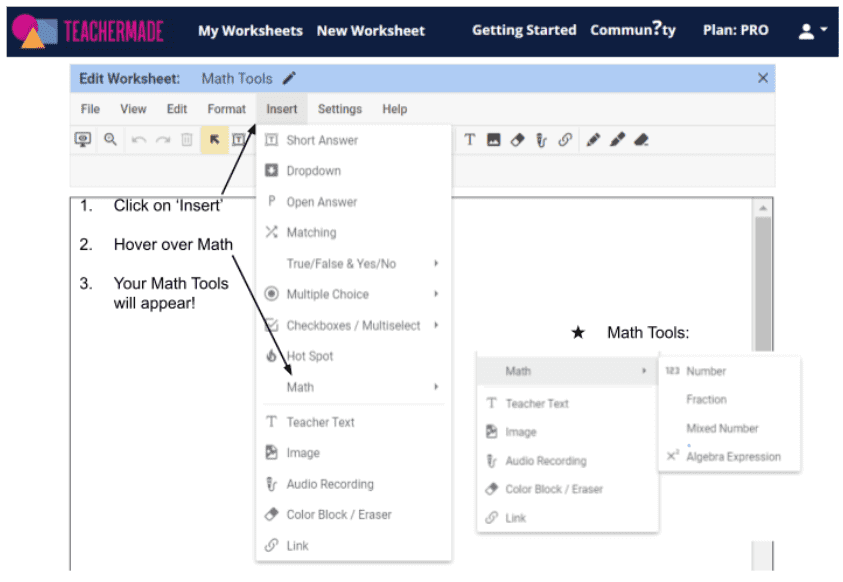 Digital Worksheet Math Tools