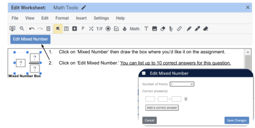 Classwork.com Digital Worksheet Mixed Number Tools