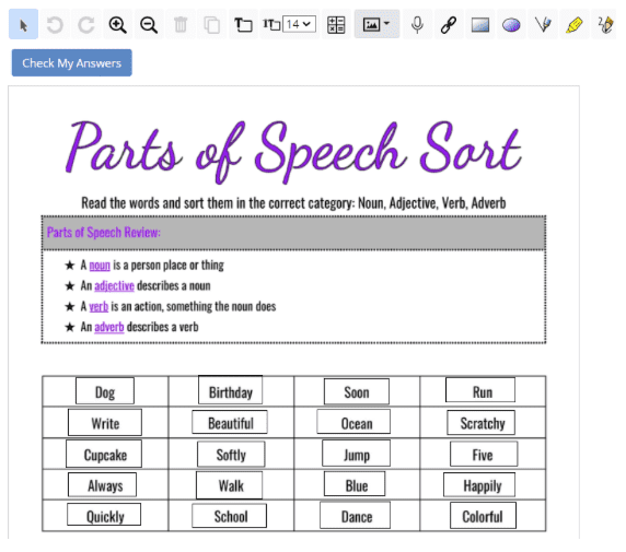 Parts of Speech Worksheet