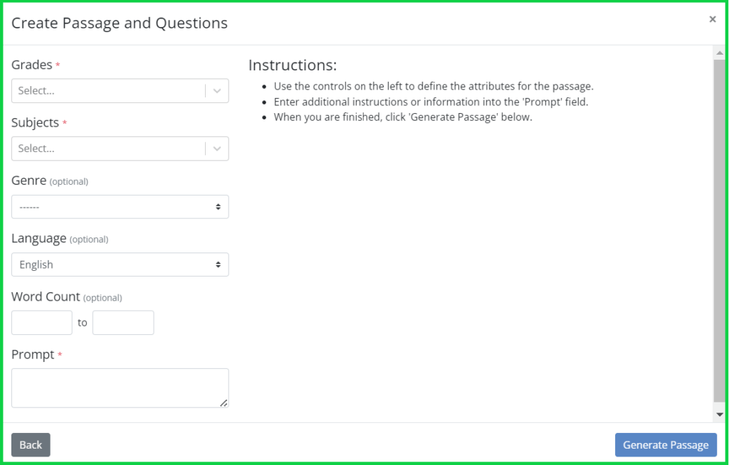 A form to fill out with different fields to select.