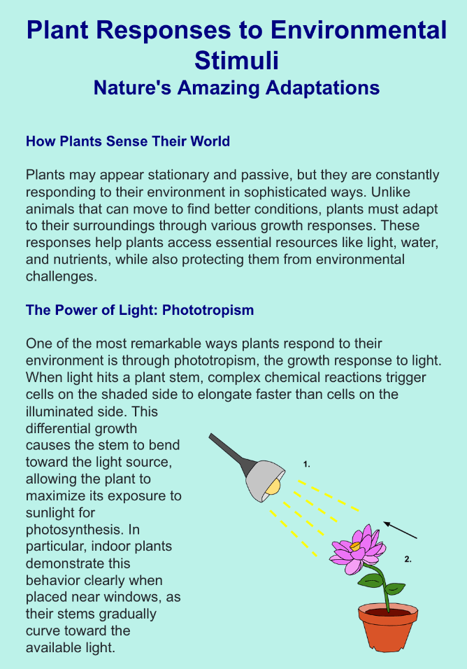 Title: Plant Responses to Environmental Stimuli - Nature's Amazing Adaptations Grade: 7 Subject: Science Item Types: Multiple Select, Fill-in-the-Blank with Word Bank