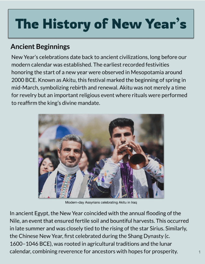 Title: The History of New Year’s Grade: 11 Subject: Social Studies Item Types: Match Table Grid, True/False, Drag and Drop, and Open Answer