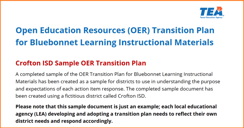 TEA promotes best practices in its sample Crofton ISD Transition Plan