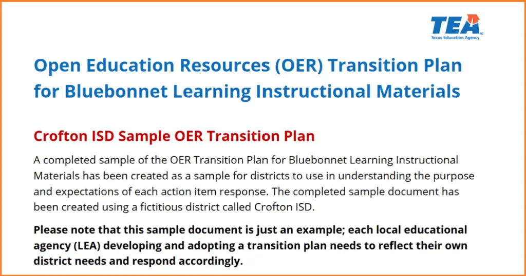 TEA promotes best practices in its sample Crofton ISD Transition Plan