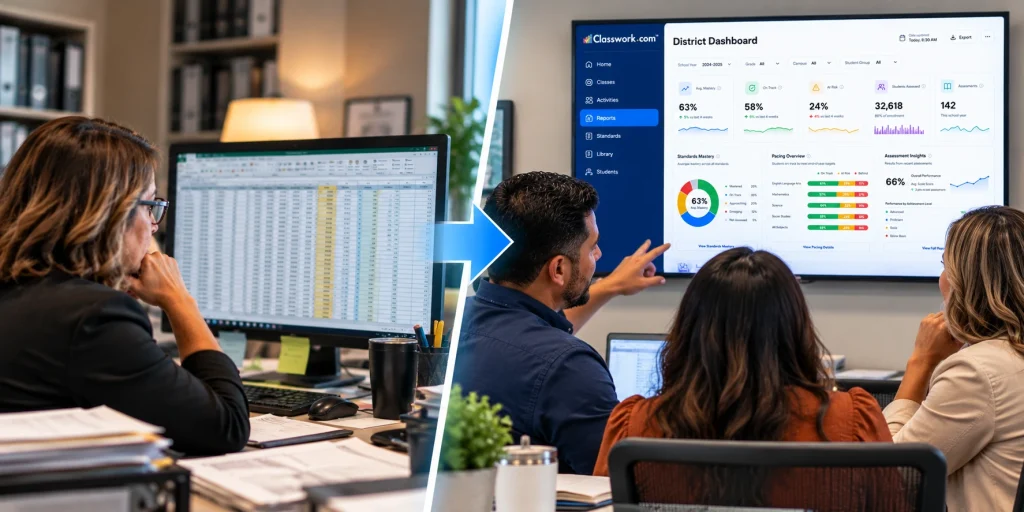 Educators compare legacy assessment management systems with a modern Classwork district dashboard showing actionable student performance data.