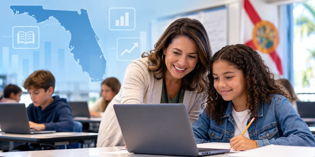 Florida FAST through-year assessment showing a teacher supporting student learning alongside progress and performance data.