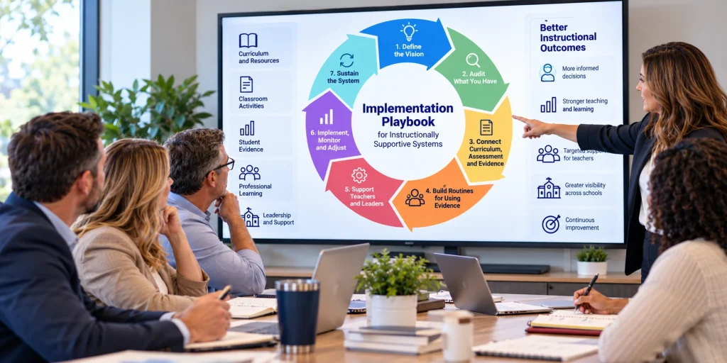 District leaders using an implementation playbook to connect curriculum, student evidence, professional learning, and instructional improvement.