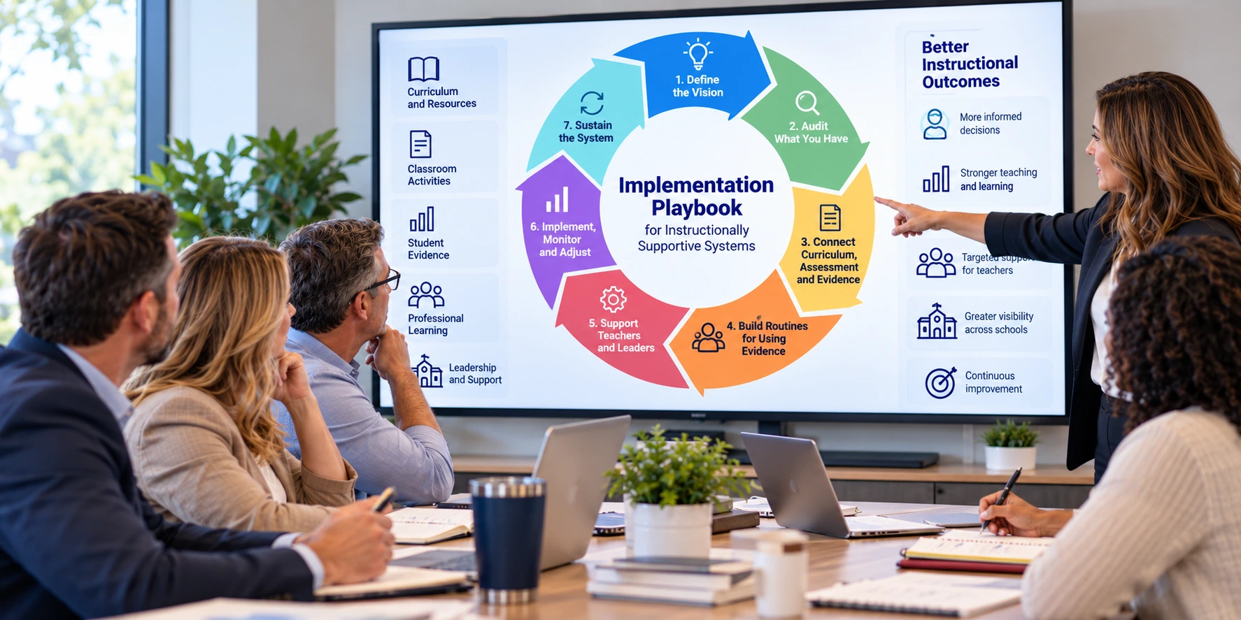 District leaders using an implementation playbook to connect curriculum, student evidence, professional learning, and instructional improvement.