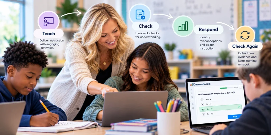 Teacher using instructionally supportive teaching strategies to check student understanding, respond to misconceptions, and adjust instruction.