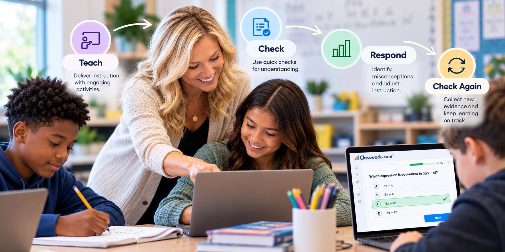 Teacher using instructionally supportive teaching strategies to check student understanding, respond to misconceptions, and adjust instruction.