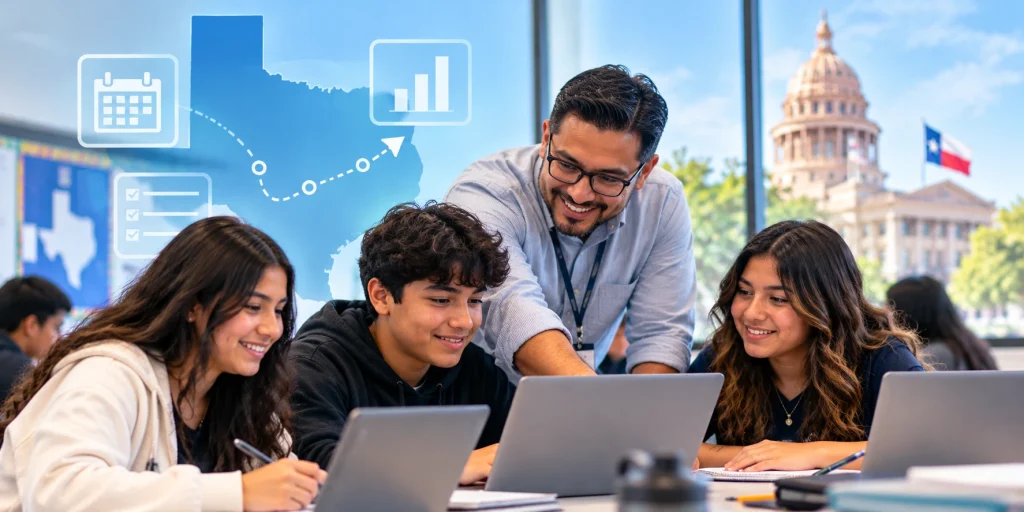 Texas Through-Year Assessment Pilot image showing a teacher and students with assessment and progress data as Texas transitions to the Student Success Tool.