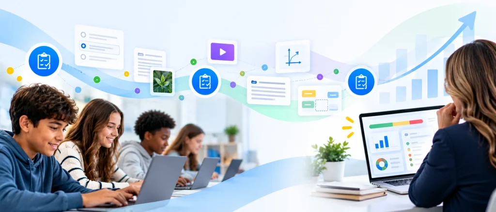 Students complete everyday classwork while an educator reviews learning data, illustrating how assessment checkpoints and classroom evidence create a more continuous view of student learning.