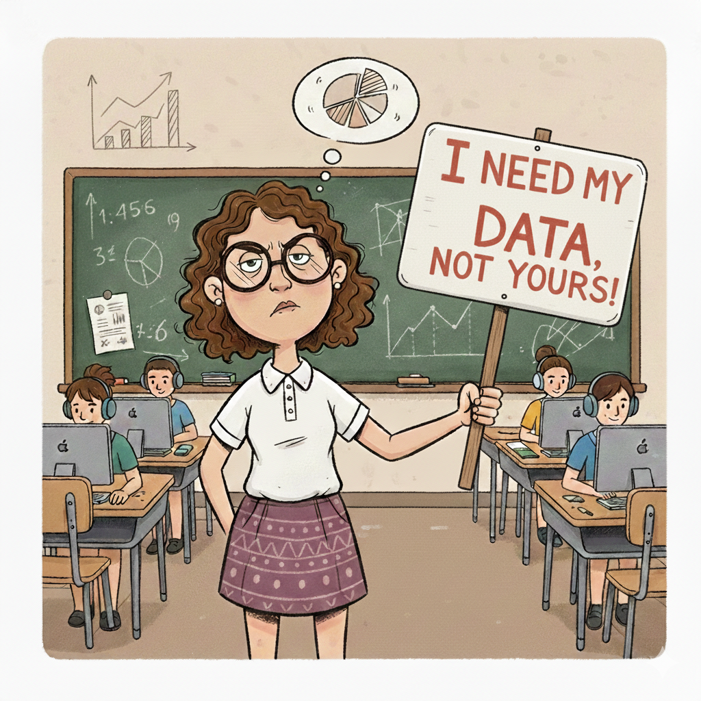 A frustrated teacher in a classroom holding a protest sign that reads 'I NEED MY DATA, NOT YOURS!' While her students work on computers behind her, she looks toward the viewer with a thought bubble showing complex pie charts, symbolizing the tension between daily instructional needs and top-down compliance data. data should not be a dirty word