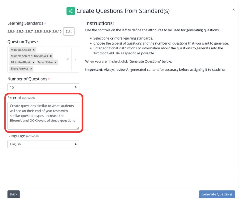 Classwork AI assistant interface showing how to increase Bloom's and DOK levels for student questions.