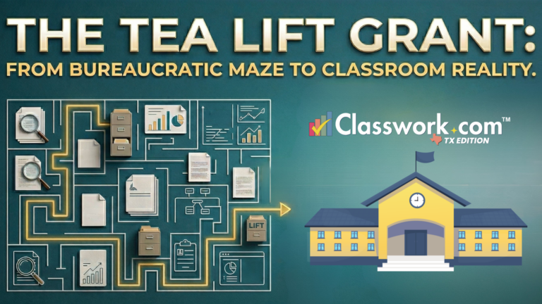 Conceptual illustration of a TEA LIFT Grant bureaucratic maze leading to a Texas classroom implementation.