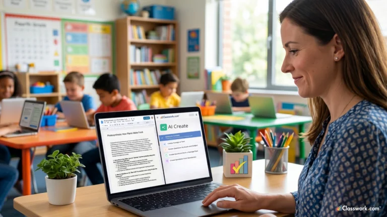 A teacher using Classwork AI on a laptop to generate a photosynthesis activity from a Google Doc while students in a modern 1:1 classroom engage with the lesson on their own devices showing AI for teachers.