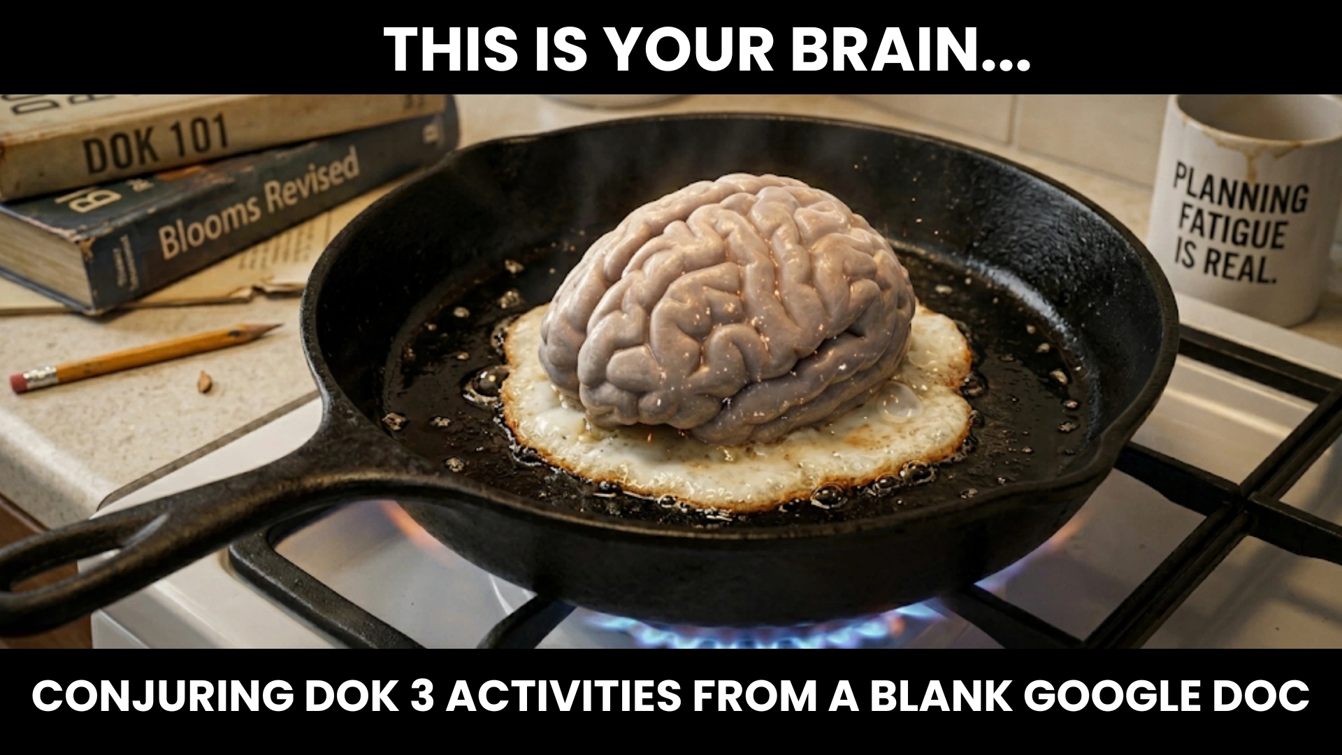 Meme of a frying pan illustrating teacher planning fatigue and the struggle to create DOK 3 activities.