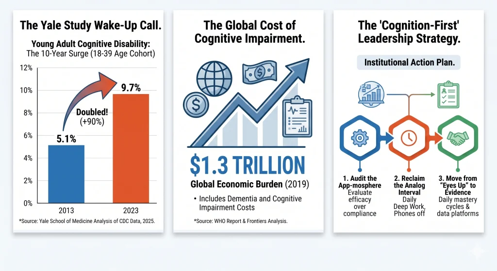 An infographic structured into three white vertical panels detailing the data behind Gen Z cognitive decline. The left panel shows a bar chart titled 'The Yale Study Wake-Up Call,' illustrating a doubling of cognitive disability from 5.1% in 2013 to 9.7% in 2023. The middle panel, titled 'The Global Cost of Cognitive Impairment,' features icons of a globe, money, and a medical clipboard highlighting a $1.3 trillion global economic burden. The right panel outlines the 'Cognition-First Leadership Strategy' flowchart with three steps: auditing the app-mosphere, reclaiming the analog interval, and moving from eyes-up to evidence.