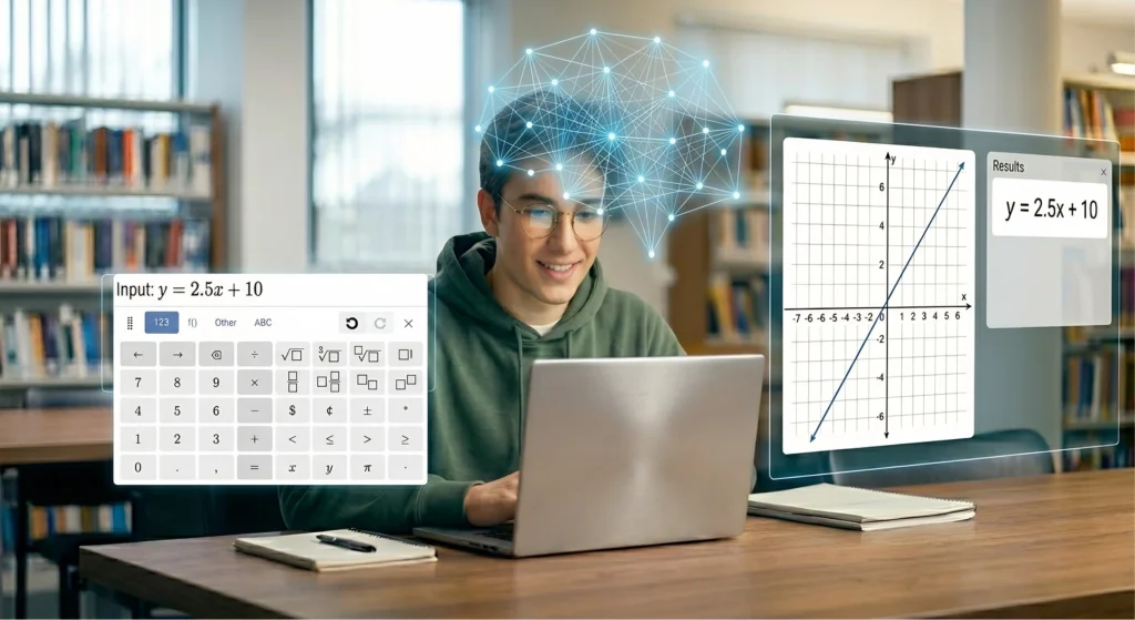 A smiling student sits at a clean wooden desk in a library, using a digital workspace designed to counter Gen Z cognitive decline. Floating on the left is a white digital window displaying the official Classwork.com student equation editor with the formula "Input: y = 2.5x + 10". Above the student's head, a glowing, geometric 3D neural network structure symbolizes sharp focus. On the right, a large holographic panel displays a mathematically sharp Cartesian graph plotting the linear function with a positive slope, alongside a smaller "Results" box confirming the equation.