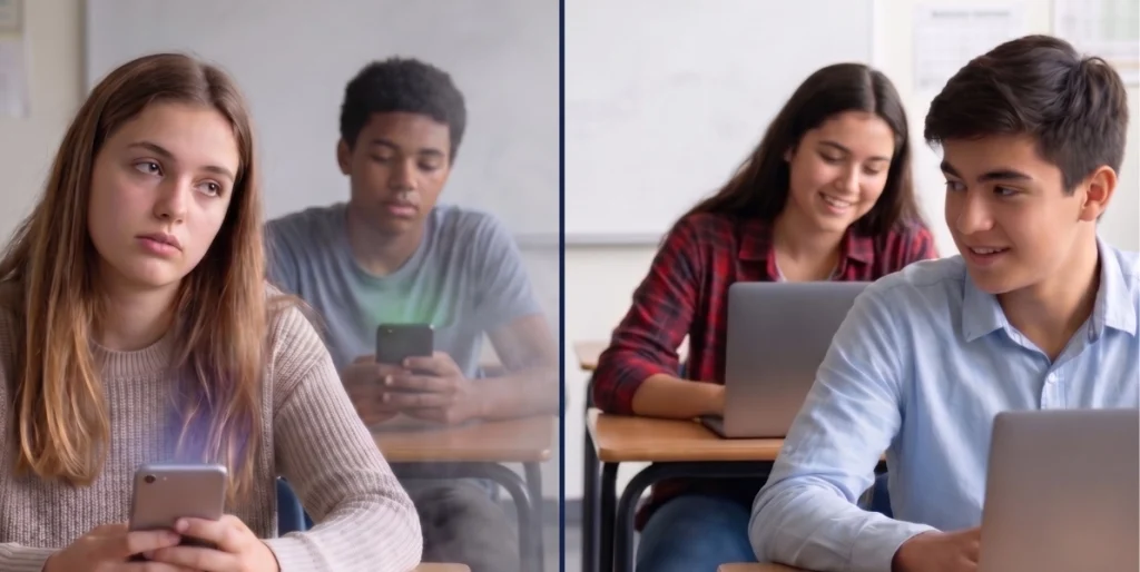 School cellphone bans comparison: distracted students vs. focused collaborative classroom.