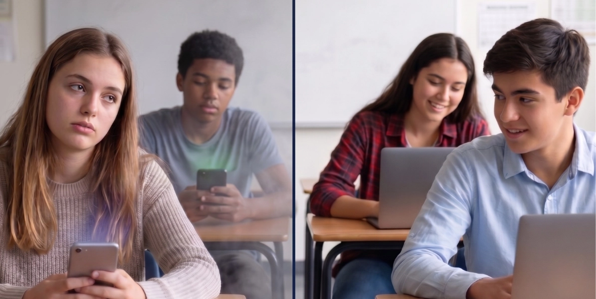 School cellphone bans comparison: distracted students vs. focused collaborative classroom.