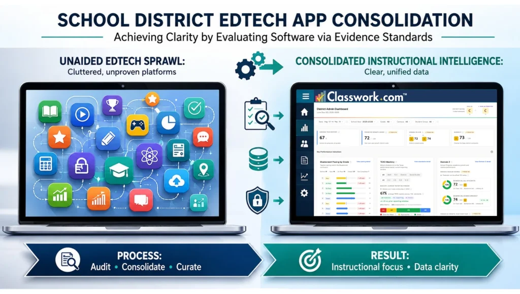 llustration comparing fragmented gamified edtech platforms with a unified instructional intelligence dashboard used by school districts to improve data clarity and instructional focus.