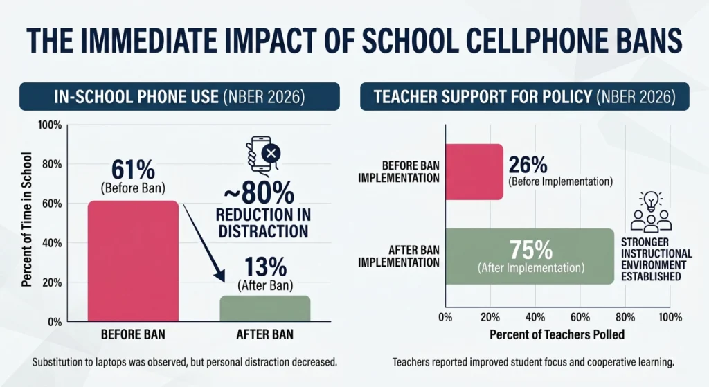 Data infographic showing the 80% reduction in distractions following school cellphone bans and the subsequent 75% increase in teacher policy support.