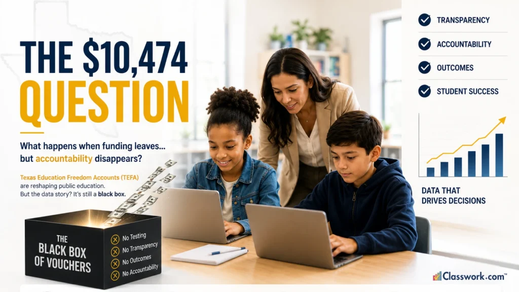 Teacher helping students using laptops in a classroom gaining daily insights from Classwork.com with headline about Texas Education Freedom Accounts (TEFA) and school funding accountability