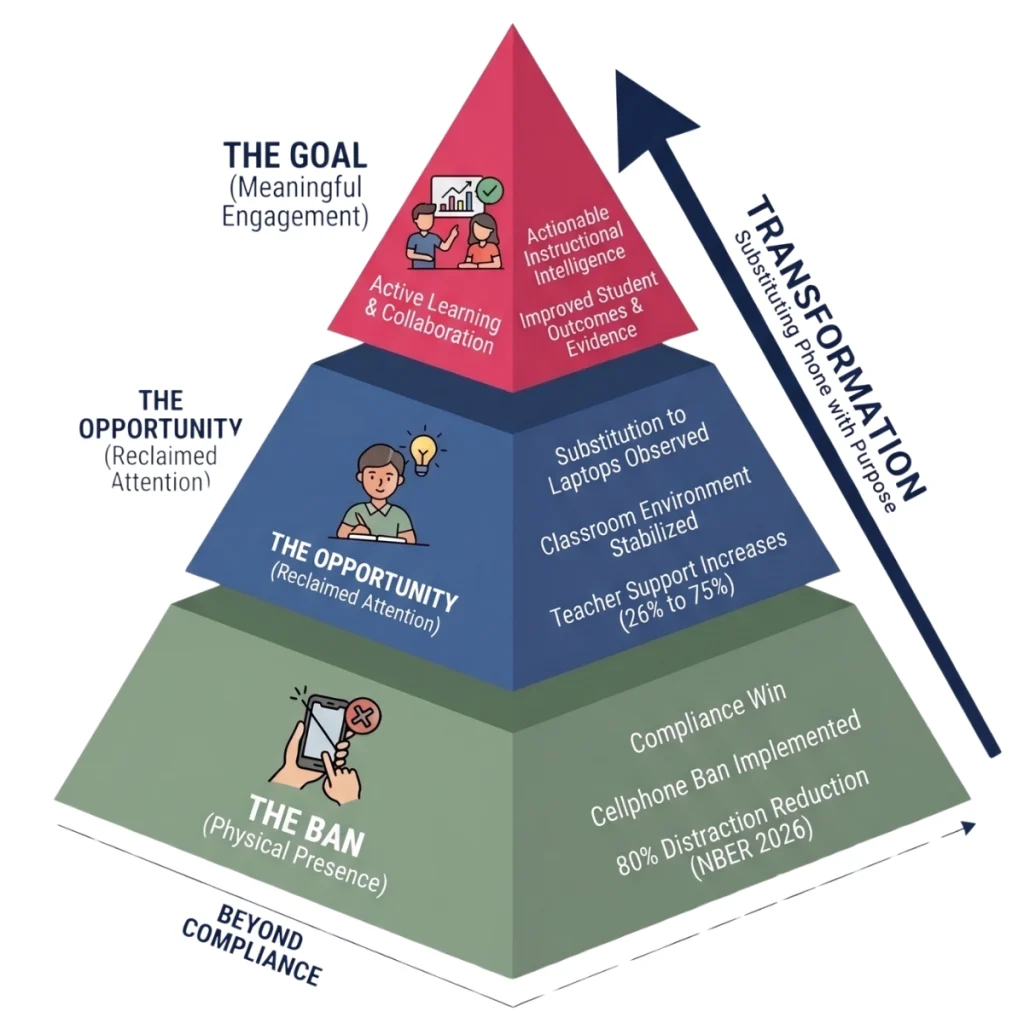 A hierarchy of classroom needs diagram illustrating how school cellphone bans lead to reclaimed attention and meaningful student engagement.