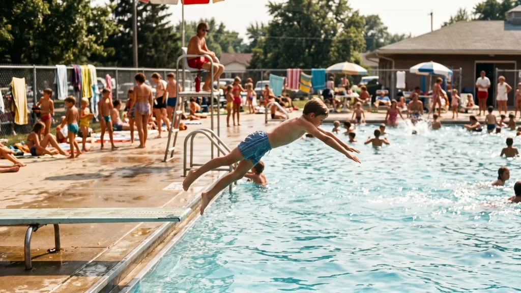 A nostalgic, sunlit photo capturing the classic American summer vacation at a crowded community swimming pool, featuring a young boy mid-air diving off a board into the water. This imagery highlights the timeless tradition of the endless summer, illustrating a core element in the debate over the pros and cons of year-round school.