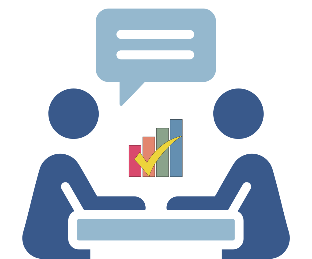 Minimalist Classwork logo style vector icon showing two figures collaborating at a desk under a speech bubble, with a multicolored bar graph and a yellow checkmark between them, representing data-driven teamwork for the Texas OER Math Companion.
