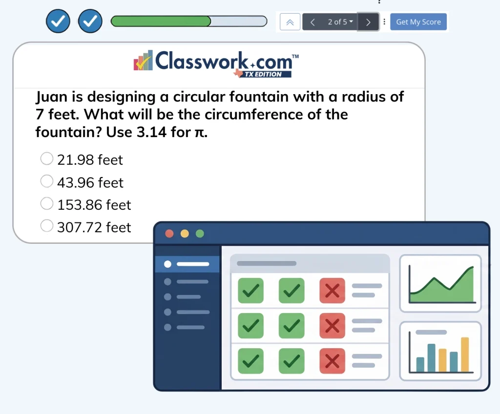 Classwork dashboard showing Texas OER Math for Bluebonnet exit tickets and real time data