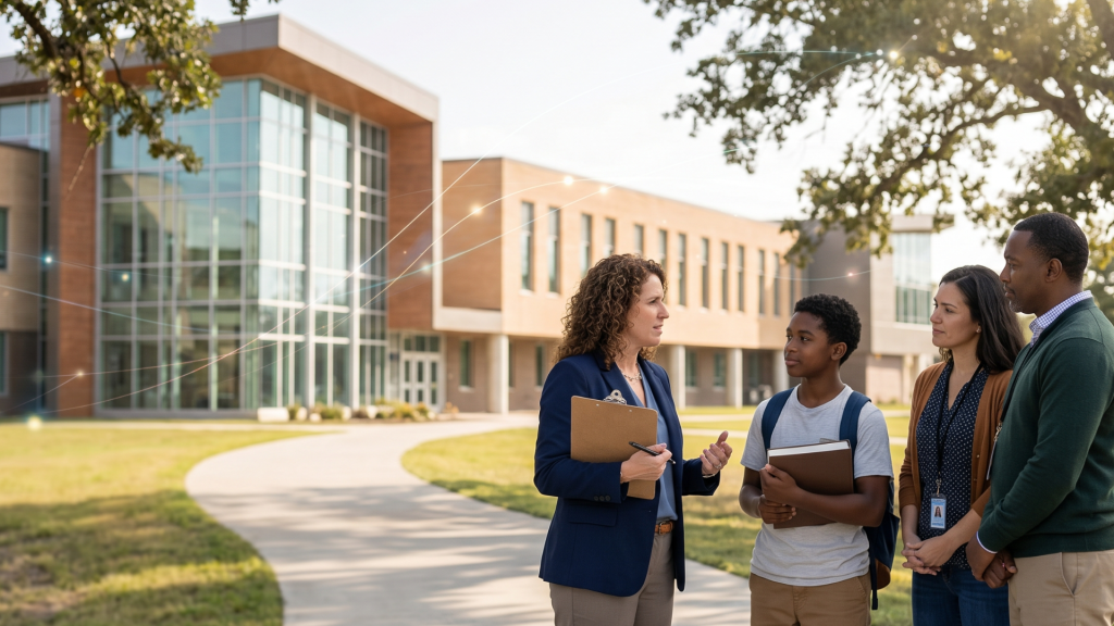 A female school superintendent holding a clipboard speaks with a student and parents on a pathway outside a contemporary school building. This scene represents the leadership lessons learned from HISD NES schools, highlighting how districts can achieve academic growth and build instructional intelligence without sacrificing teacher and community trust.