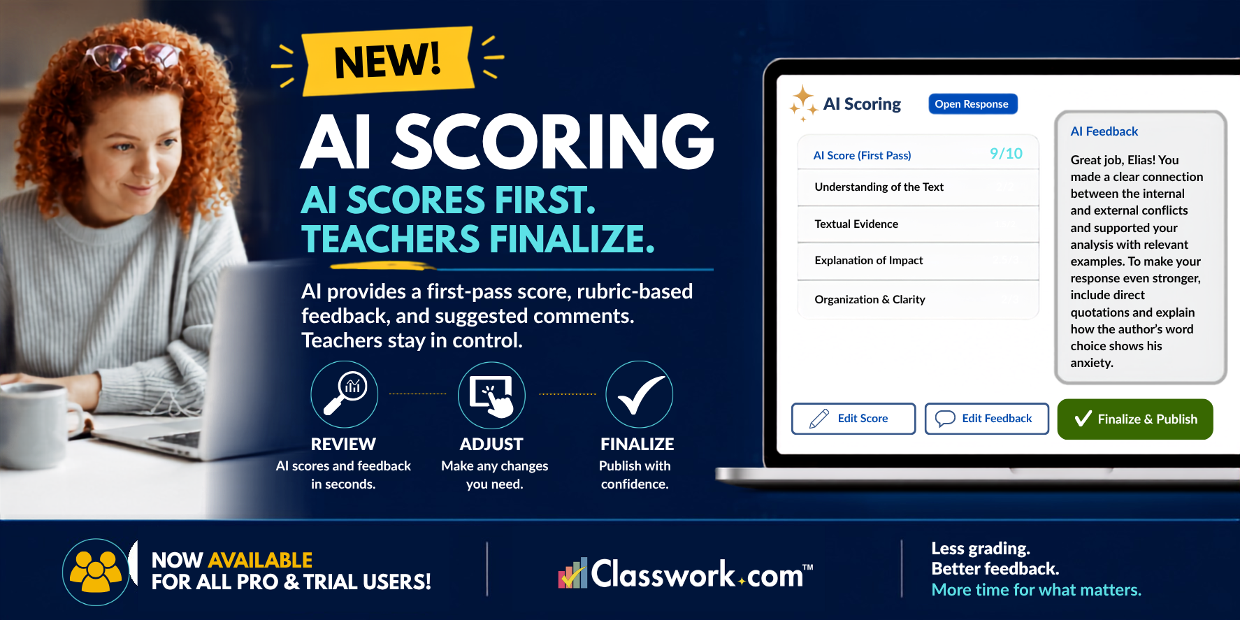 NEW: AI Scoring. AI scores first, teachers finalize. Now available for all Pro and trial users.