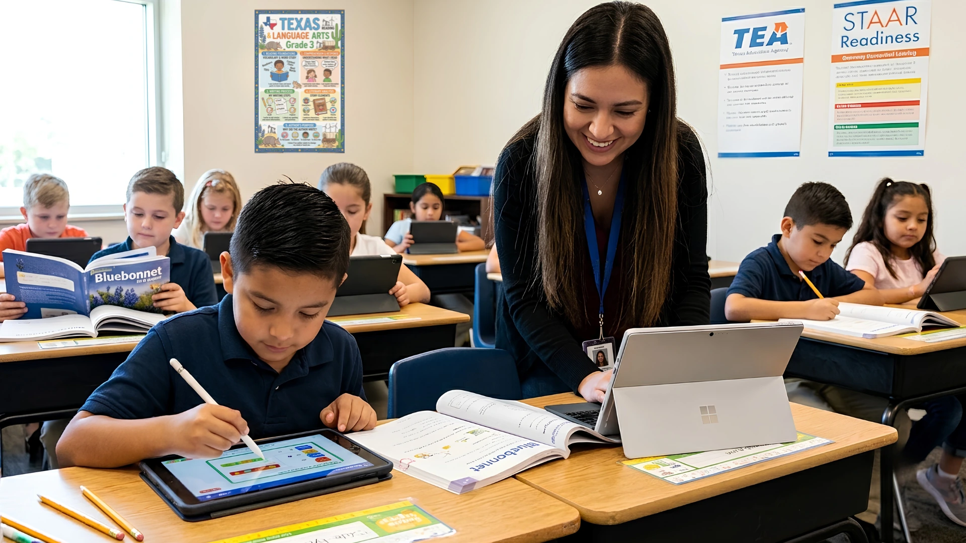 A Texas teacher monitors automated data from Bluebonnet Learning RLA Exit Tickets on her dashboard as elementary students use tablets alongside physical workbooks.
