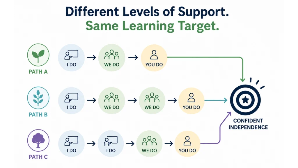 Diagram showing how students may move through the I Do, We Do, You Do instructional framework with different levels of teacher support while working toward the same learning target and confident independence.