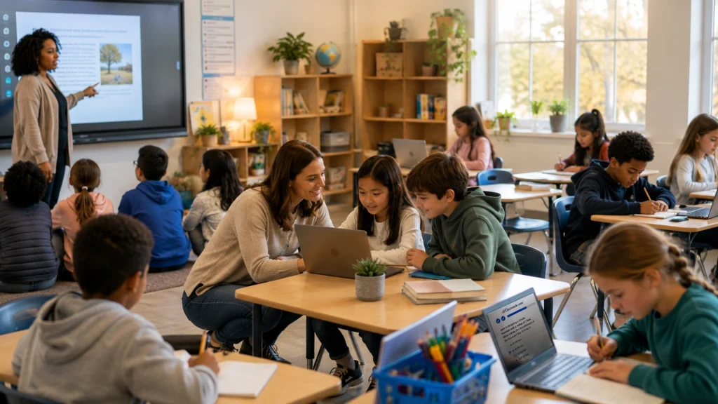 Teacher modeling a reading lesson while students collaborate and work independently, illustrating the I Do, We Do, You Do instructional framework.