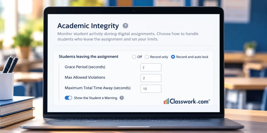 Classwork.com Academic Integrity settings showing options to record student activity, automatically lock assignments, set violation limits, and display student warnings.