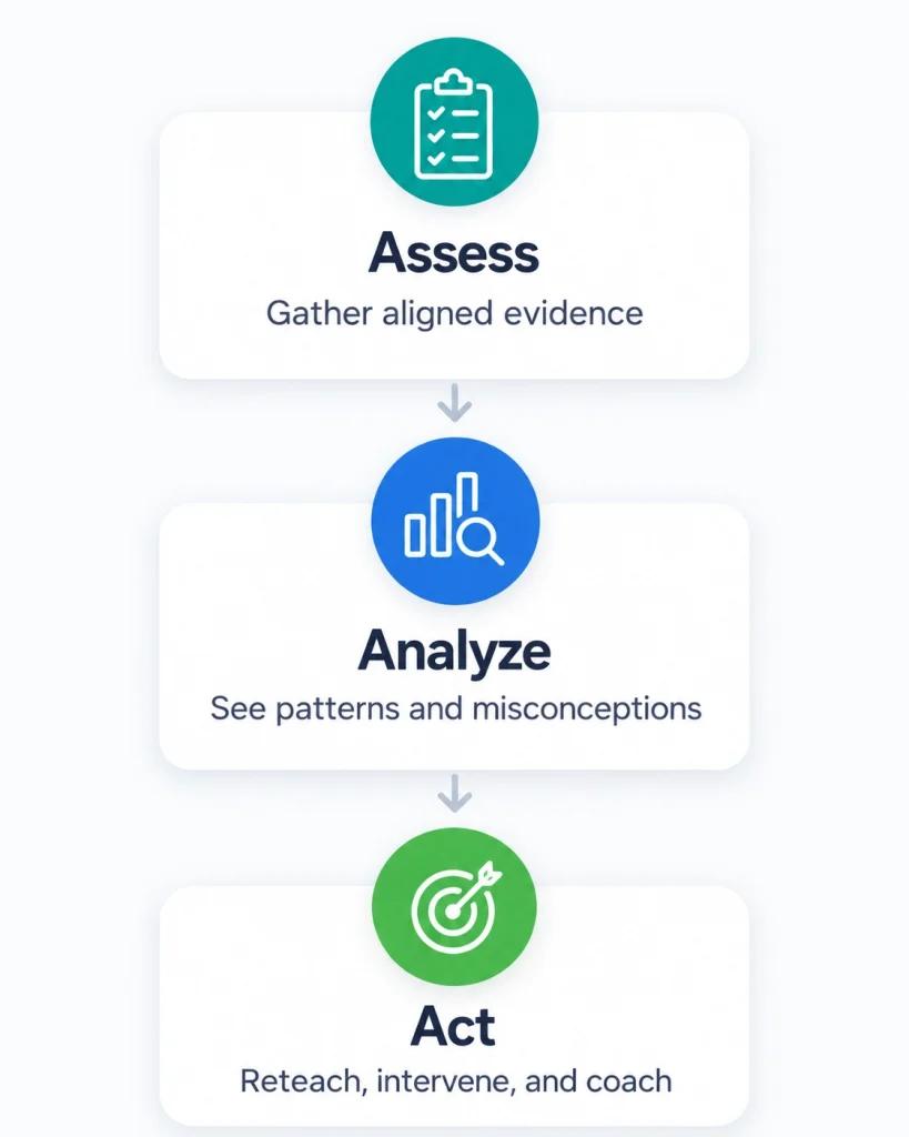 Three-step instructional cycle showing Assess, Analyze, and Act: gather aligned evidence, identify patterns and misconceptions, then reteach, intervene, and coach.