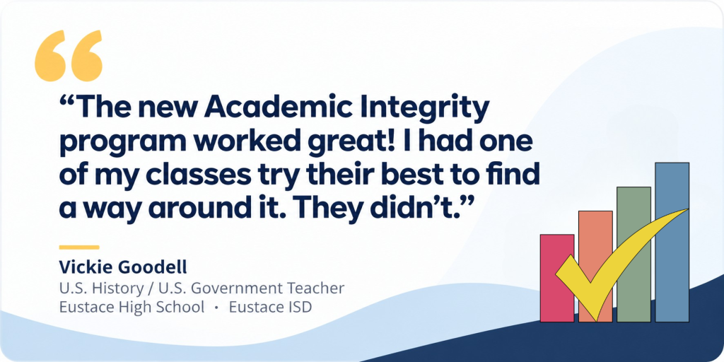 Classwork.com Academic Integrity testimonial from Vickie Goodell, Eustace High School teacher, sharing how students tried unsuccessfully to work around the new feature.