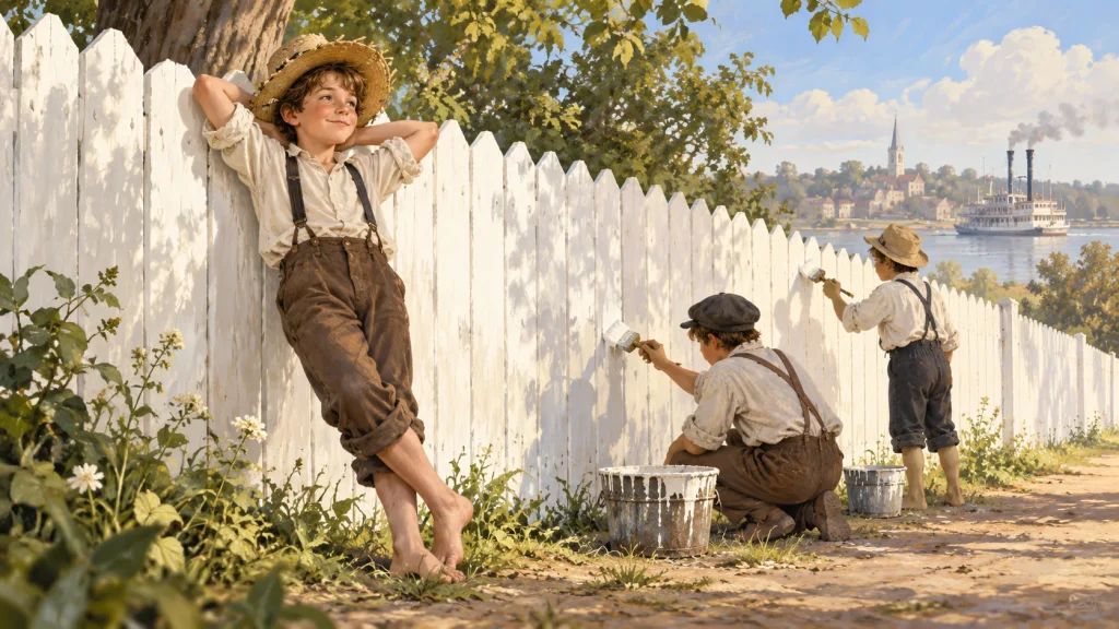 Tom Sawyer watches other boys whitewash a fence, illustrating how students can offload work instead of doing the thinking themselves.