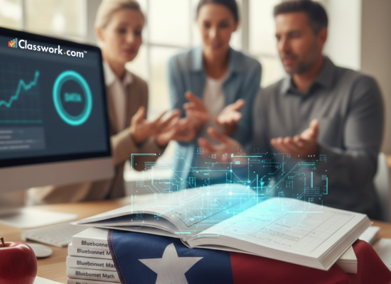 Frustrated Texas teacher with Bluebonnet Learning™ workbooks transitioning to a digital-only Classwork.com dashboard for automated TEKS-aligned data.